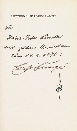 Lot 3178, Auction  125, Jünger, Ernst, Lettern und Ideogramme. Olten-Trimmbach, 1970. - 500 Exemplare. Mit Widmung