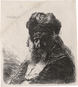 Lot 5673, Auction  125, Rembrandt Harmensz. van Rijn, Niederblickender Greis in hoher Pelzmütze