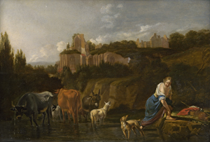 Lot 6024, Auction  125, Roos, Johann Heinrich, Pastorale Landschaft mit römischen Ruinen und einer Hirtin mit Hund und Herde