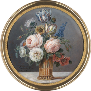 Lot 6334, Auction  125, de Meys, Anne-Euphrasie, Miniatur Stilleben: Blumen in Korb auf Marmorplatte