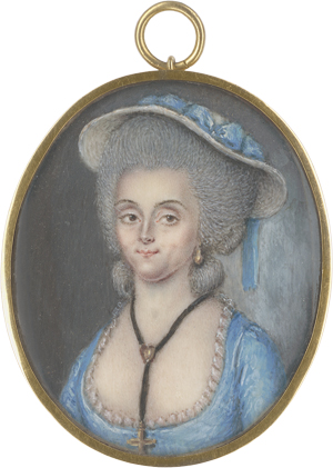 Lot 6358, Auction  125, Französisch, um 1780. Miniatur Portrait einer jungen Frau mit Hut und Kreuzanhänger