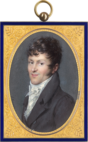 Lot 6381, Auction  125, Guérin, Jean-Urbain, Miniatur Portrait eines lächelnden jungen Mannes in olivbrauner Jacke