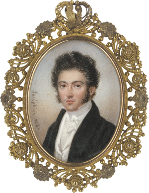 Lot 6390, Auction  125, Ternier geb. Toulza, Joséphine, Miniatur Portrait eines jungen Mannes mit schwarzem Lockenhaar und Backenbart 