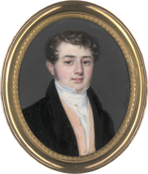 Lot 6405, Auction  125, Chabanne, Flavien-Emmanuel, Miniatur Portrait eines jungen Mannes in schwarzer Jacke mit lachsfarbener Weste