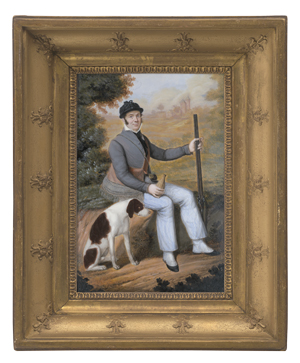 Lot 6415, Auction  125, Deutsch, um 1820. Miniatur Portrait eines Jägers mit Hund und Flinte, in Landschaft sitzend