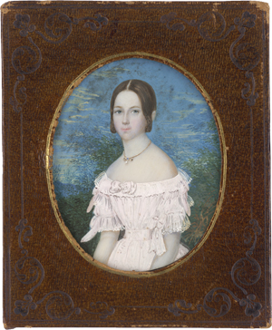 Lot 6418, Auction  125, Deutsch, um 1840. Miniatur Portrait einer braunhaarigen jungen Frau in blaßrosa Kleid
