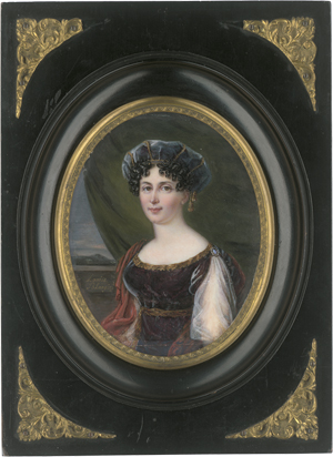 Lot 6424, Auction  125, Blangini (auch: Blanghini), Louise, Miniatur Portrait einer jungen Frau mit blauer Samtkappe vor grünem Vorhang