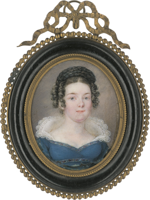 Lot 6427, Auction  125, Deutsch, um 1815/1820. Miniatur Portrait einer jungen Frau in blauem Kleid mit weißem Stehkragen