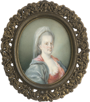 Lot 6440, Auction  125, Alphen, Johann Eusebius - Umkreis, Miniatur Portrait der Baronin Johanna Zois von Edelstein in rosa gefüttertem, grauem Umhang