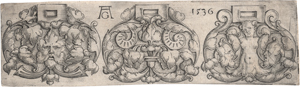 Lot 6516, Auction  125, Aldegrever, Heinrich, Drei Entwürfe für Broschen mit Blattranken, Maske und Grotesken