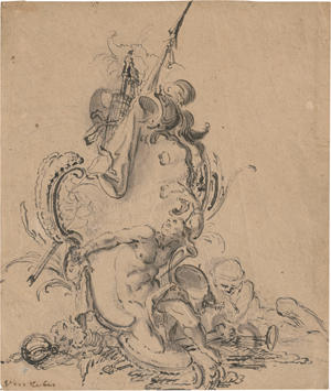 Lot 6740, Auction  125, Vinkeles, Reinier, Rocaille-Kartusche mit Kriegstrophäen und zwei allegorischen Figuren