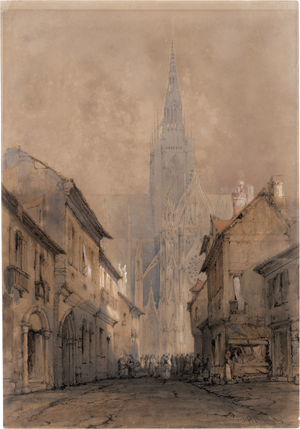 Lot 6896, Auction  125, Bonington, Richard Parkes, Die belebte Rue de l'Horloge bei Sonnenaufgang mit der Kathedrale Notre-Dame in Évreux
