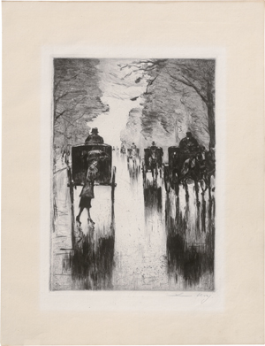 Lot 7026, Auction  125, Ury, Lesser, Regennasse Tiergartenallee mit Pferdedroschken: Dame mit Schirm überquert die Straße
