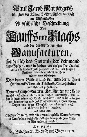 Lot 398, Auction  126, Marperger, Paul Jacob, Ausführliche Beschreibung des Hanffs und Flachs. - Leipzig, Gleditsch, 1710