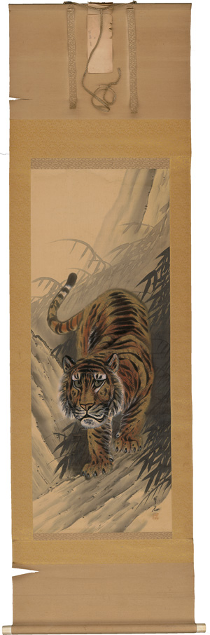 Lot 677, Auction  126, Tiger im Bambuswald, Japanisches Kakemono-Rollbild eines Tigers in einer Felslandschaft