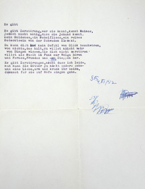 Lot 2505, Auction  126, Benn, Gottfried, Gedicht-Typoskript mit eigh. Monogramm. 1952