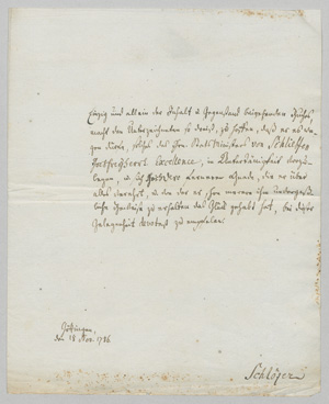 Lot 2540, Auction  126, Schlözer, August Ludwig von, Brief aus Göttingen an den Minister von Schlieffen. 1786