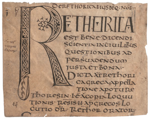 Rhetorica, De retorica eiusdemque nomen". Incipit-Fragment einer lateinischen Handschrift auf Pergament. 