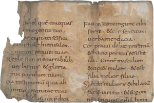 Jesus Sirach, Fragment einer frühmittelalterlichen Bibelhandschrift mit Passagen aus dem Buch Ecclesiasticus. Lateinische Handschrift auf Pergament.