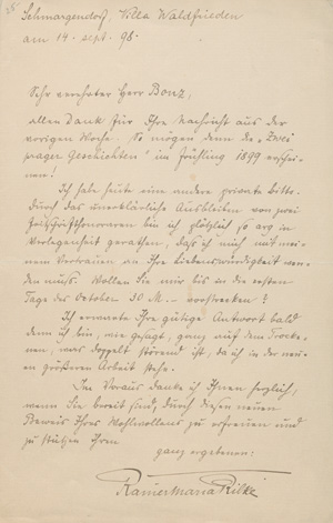Lot 2528, Auction  127, Rilke, Rainer Maria, Brief an seinen Verleger Bonz mit der Bitte um Vorschuss. 1898
