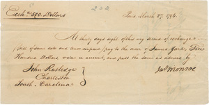 Lot 2600, Auction  127, Monroe, James, Handschriftlicher Scheck (Wechsel). 1796