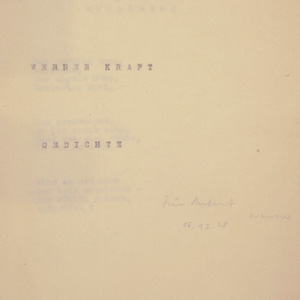 Los 3193 - Kraft, Werner - Gedichte. 1928. - Vervielfältigtes Typoskript 3 Exemplare. Mit Widmung - 1 - thumb