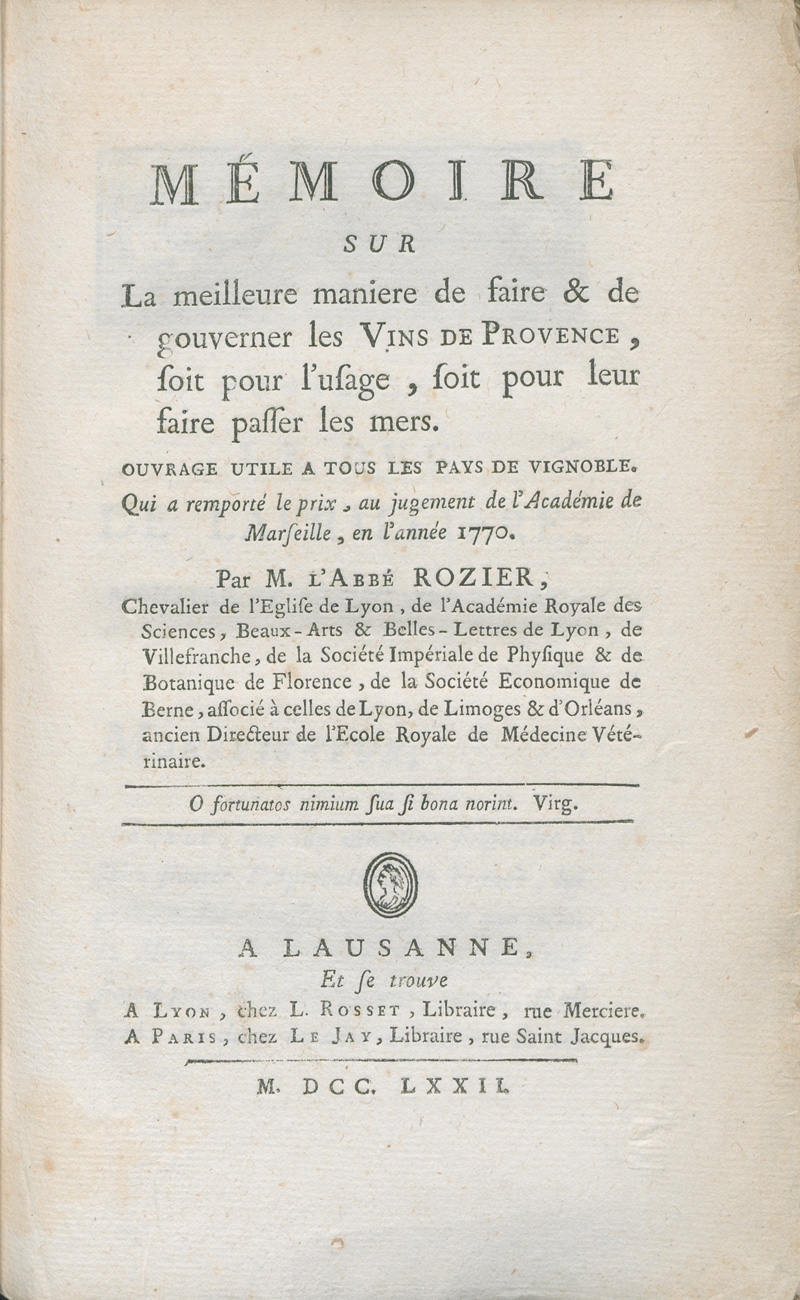 Lot 377, Auction 127, Rozier, Jean François, Mémoire sur la meilleure maniere de faire & de gouverner les vins de Provence
