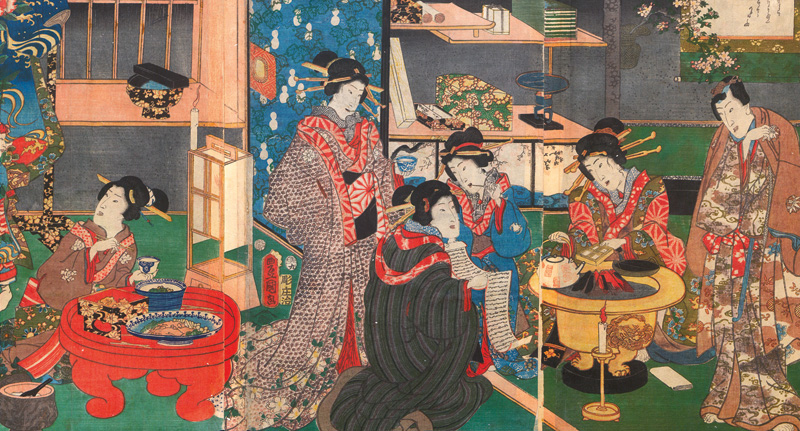 Lot 639, Auction 127, Kunisada, Utagawa, Genji-Saga. Szenendarstellung aus dem Epos. Triptychon aus drei Ukiyo-e-Farbholzschnitten