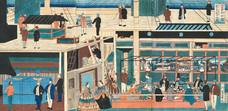 Lot 670, Auction 127, Yoshikazu, Utagawa, Deckszene mit Saloninterieur eines amerikanischen Dampfschiffs. (Amerika-koku. Jokisen-chu no sha)