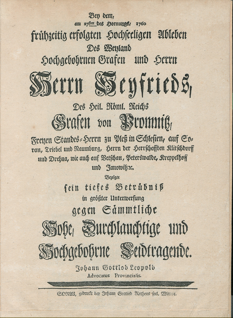 Lot 2107, Auction 127, Leopold, Johann Gottlob, Bey dem am 27sten des Hornungs, 1760 fruehzeitig erfolgten hochseeligen Ableben des Grafen und Herrn Seyyfrieds
