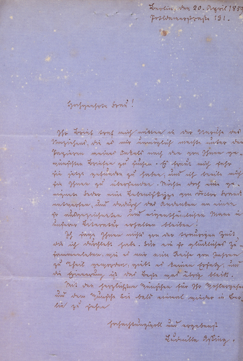 Lot 2503, Auction  127, Assing, Ludmilla, Brief an eine Dame wegen Varnhagens Nachlass. 1859