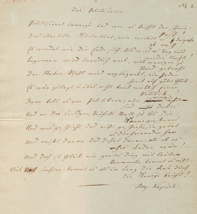Lot 2526, Auction 127, Kopisch, August, Signiertes Gedichtmanuskript "Das Politisieren". 1833