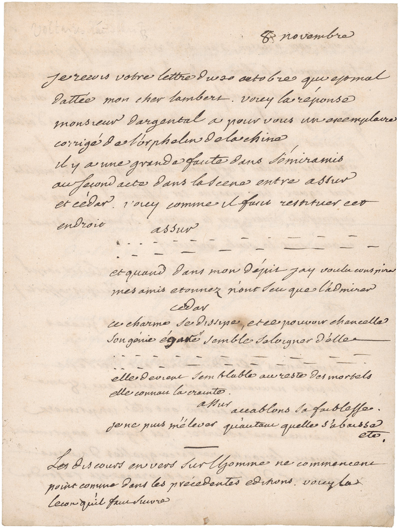 Lot 2547, Auction  127, Voltaire, Fr.-M. Arouet, gen., Brief an den Buchhändler Lambert über mehrere seiner Werke. Wohl um 1770