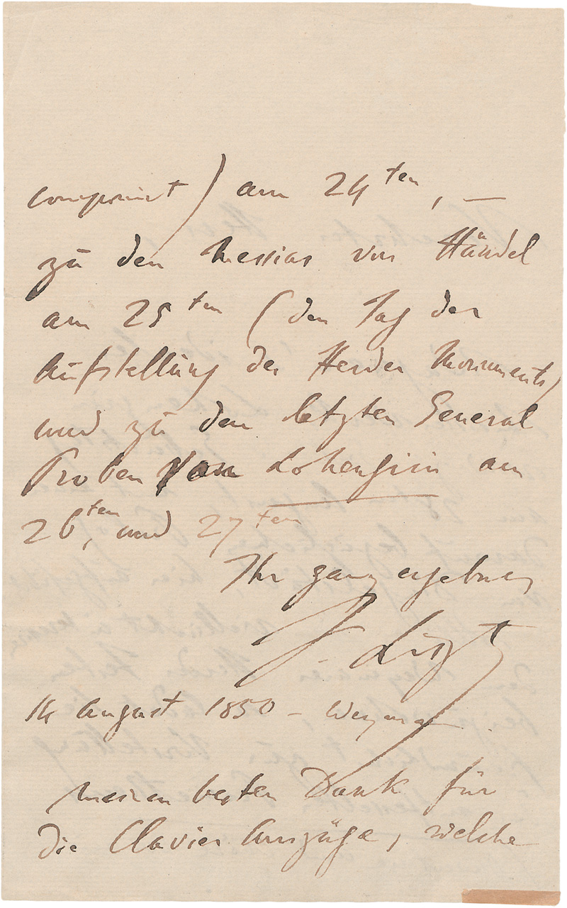 Lot 2637, Auction 127, Liszt, Franz, Brief mit Einladung zur Lohengrin-Uraufführung und zu Herder-Festlichkeiten. 1850
