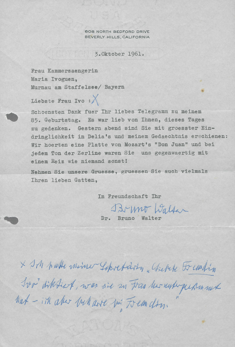 Lot 2659, Auction  127, Walter, Bruno, Brief an die Sängerin Maria Ivogün in Murnau. 1961
