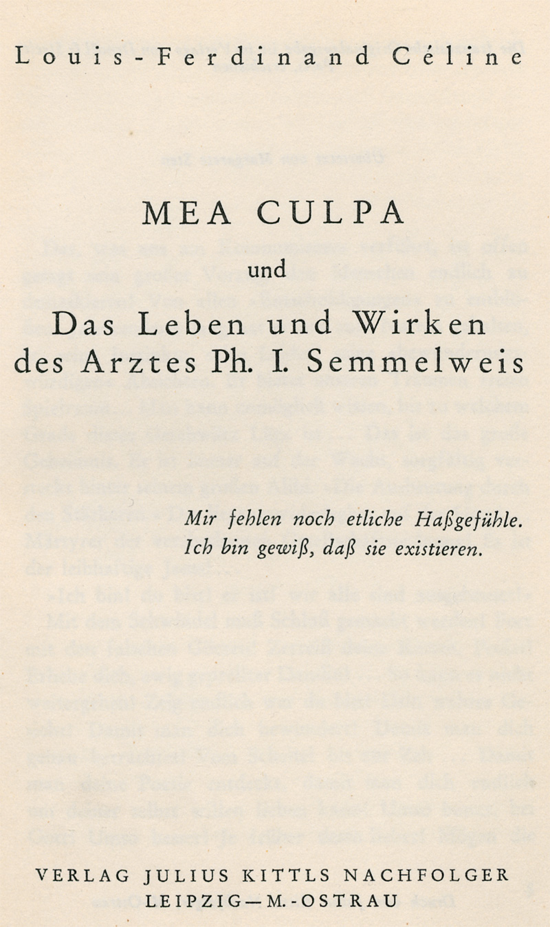 Lot 3057, Auction 127, Céline, Louis-Ferdinand, Mea Culpa und Das Leben und Wirken des Arztes Ph. L. Semmelweis